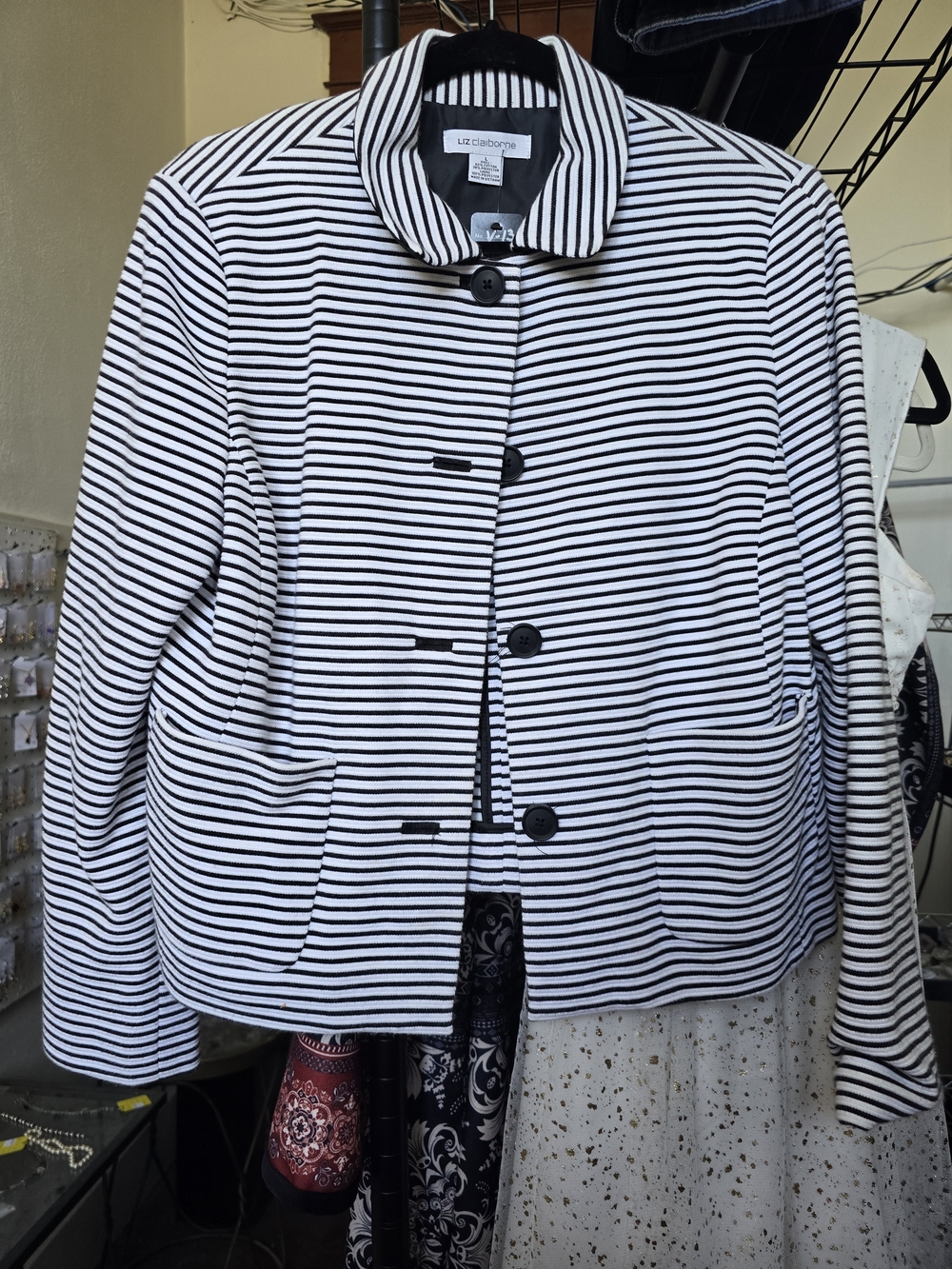 Liz Claiborne Black and White Striped Button Jacket